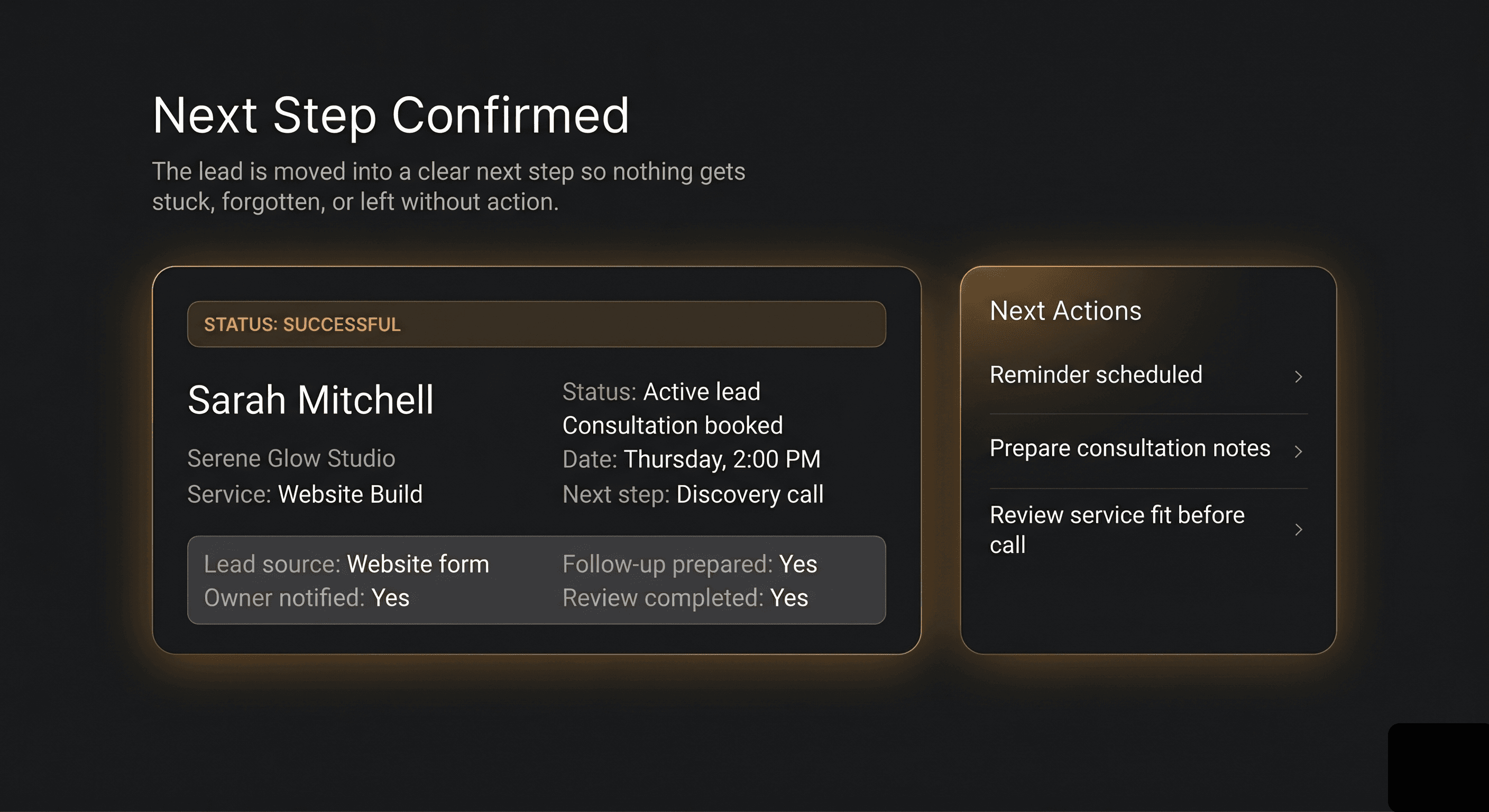 MidOwl lead flow proof - Next Step Confirmed